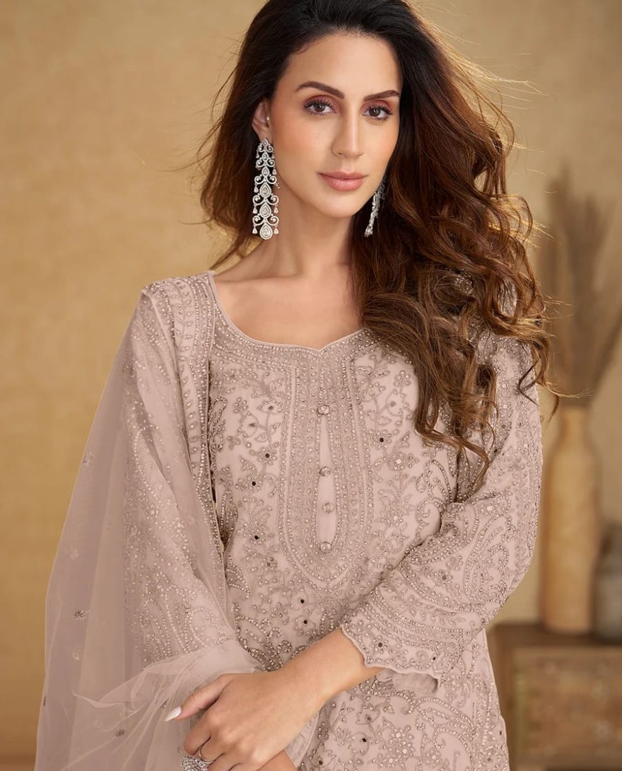 8113-E - Net Dusty Mauve Embroidered Wedding Palazzo Suit